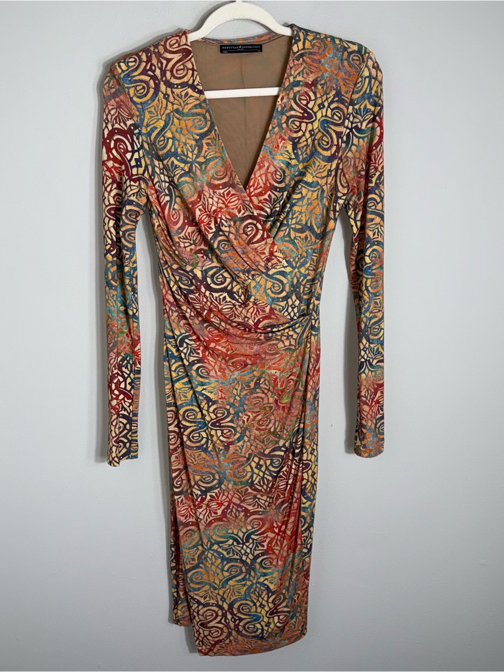 Peruvian Connection Long Sleeve Faux Wrap Dress-Midi-Jersey Knit-Multicolor-XS